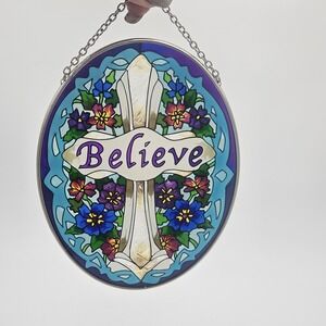 Oval Reverse Painted Glass Hanging Suncatcher 'Believe' Cross & Flowers Vintage